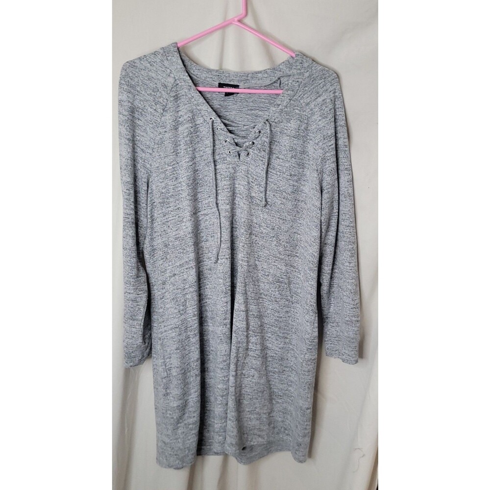 Tacera Lace Up Tunic Top Gray Marled Knit 3/4 Sleeve Stretch Casual Womens PXL